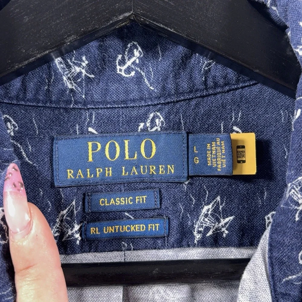 Polo Ralph Lauren Button Down Shirt Mens Large Blue Anchor Print Chambray Cotton